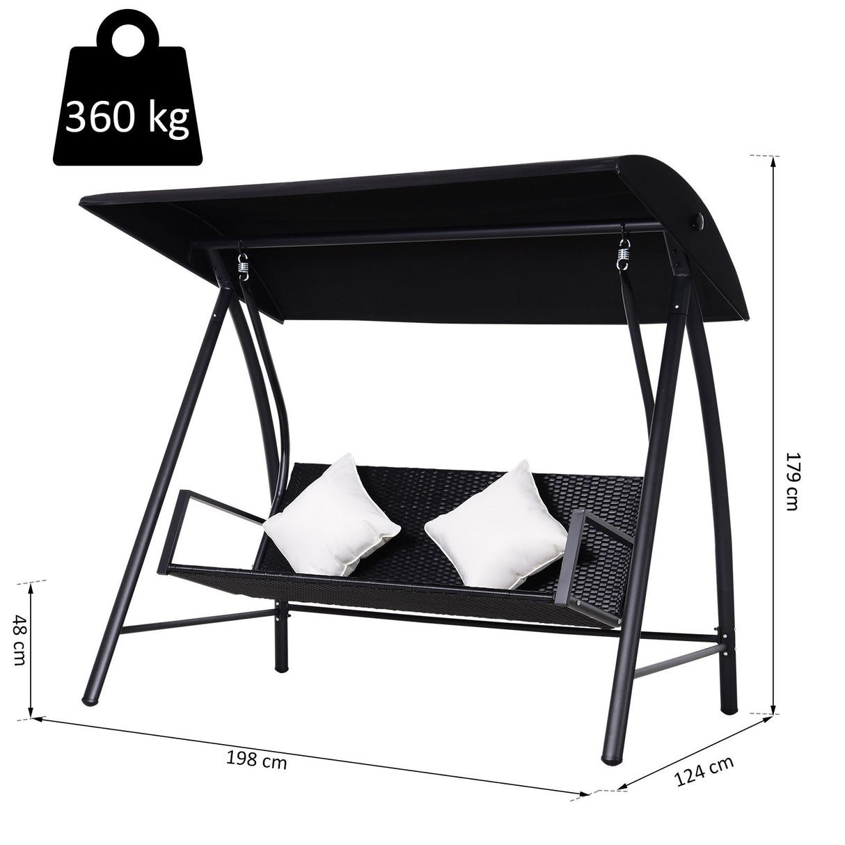 easycomfort easycomfort dondolo 3 posti in rattan e ferro con cuscini e tettuccio parasole nero