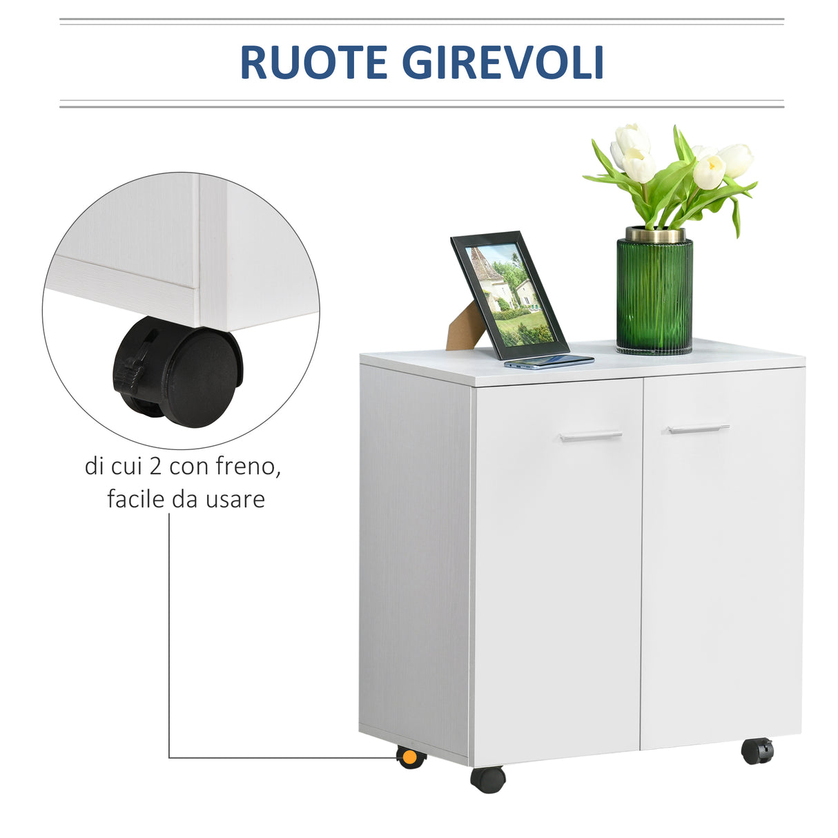easycomfort easycomfort mobiletto in legno con ruote e 2 ante 60x35x65cm bianco ean 8054144131573