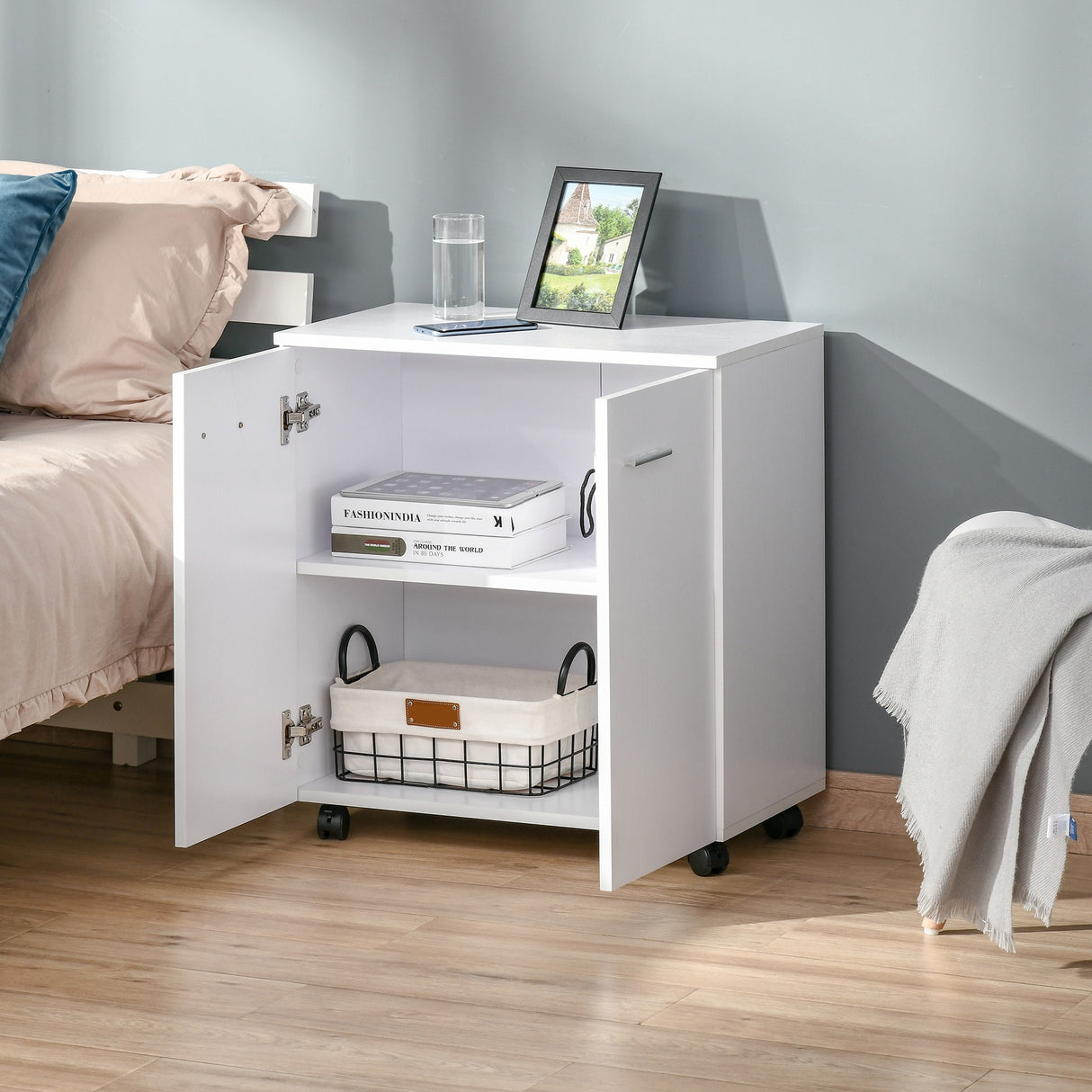 easycomfort easycomfort mobiletto in legno con ruote e 2 ante 60x35x65cm bianco ean 8054144131573