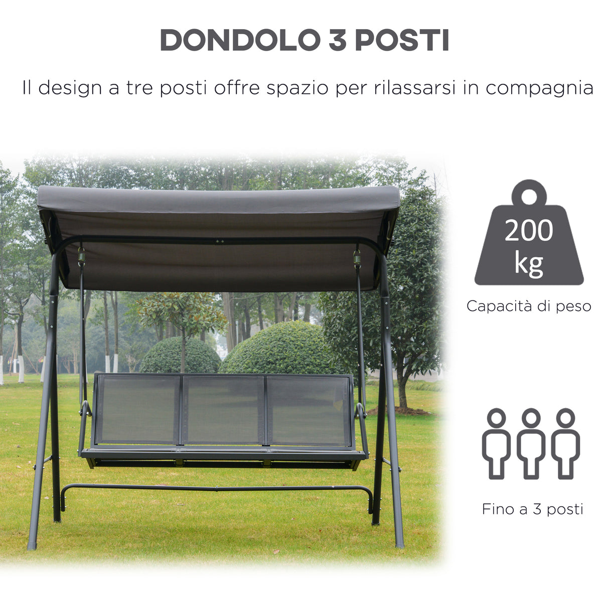 easycomfort easycomfort dondolo 3 posti con baldacchino in acciaio e tessuto poliestere grigio 178x111x155cm
