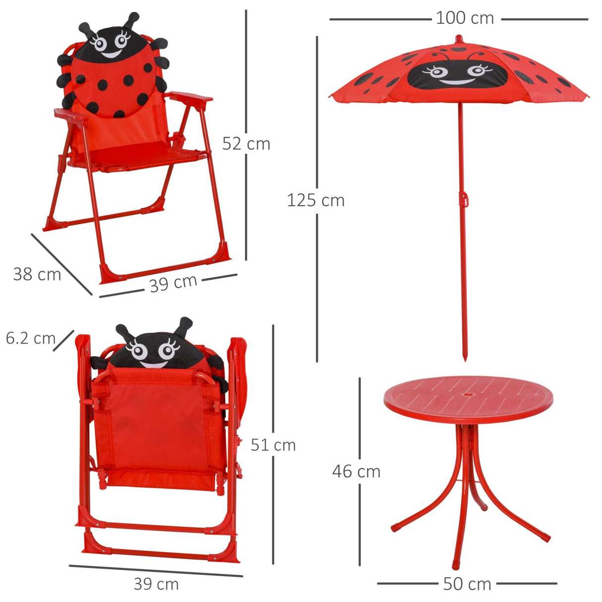 easycomfort easycomfort set tavolo da giardino con 2 sedie pieghevoli e ombrellone per bambini coccinella
