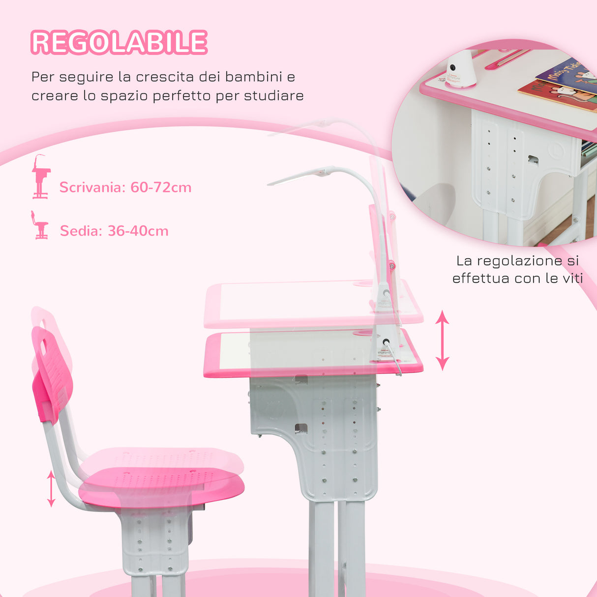 easycomfort easycomfort banco scuola con sedia per bambini 6 12 anni altezza regolabile lampada led leggio e portapenne acciaio e mdf rosa