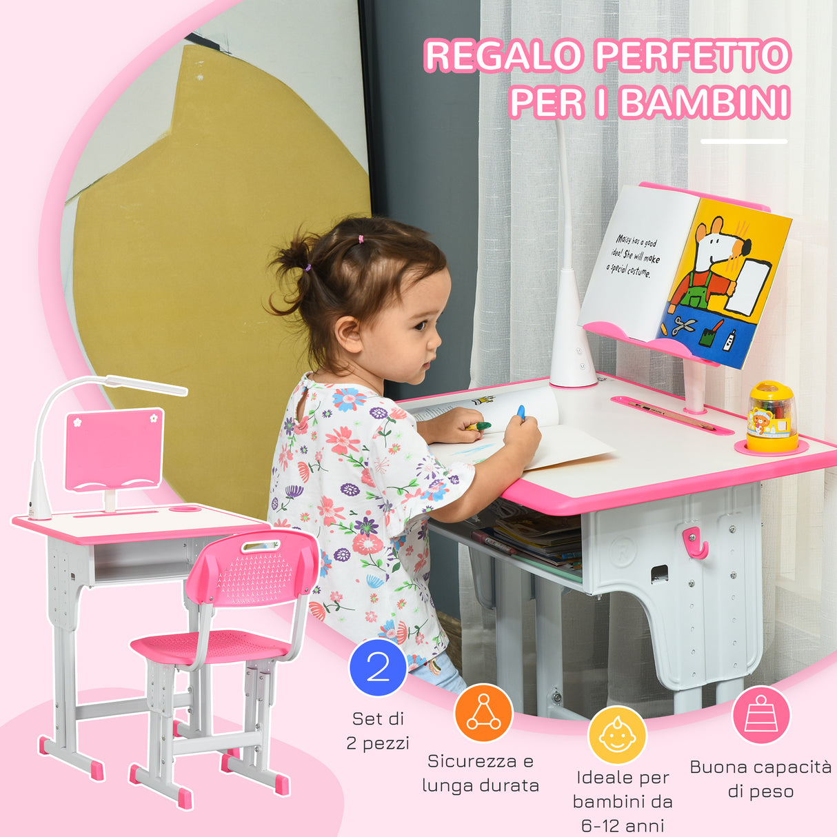 easycomfort easycomfort banco scuola con sedia per bambini 6 12 anni altezza regolabile lampada led leggio e portapenne acciaio e mdf rosa