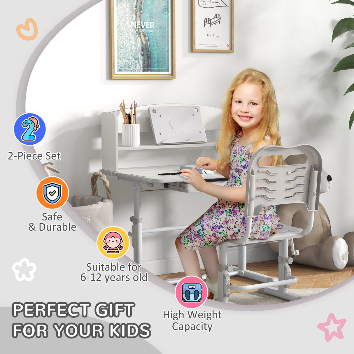easycomfort easycomfort set scrivania per bambini con sedia regolabile in altezza e piano inclinabile eta 6 12 anni grigio
