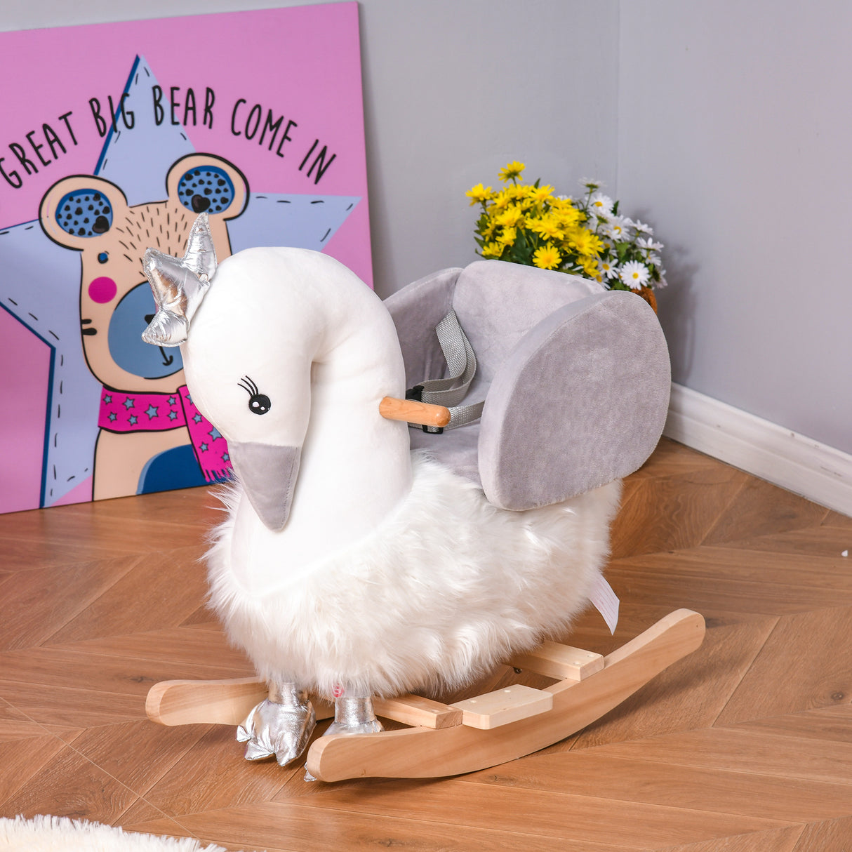 easycomfort easycomfort dondolo giocattolo a forma di cigno bianco e grigio per bambini 18 36 mesi max 40kg legno di pioppo e peluche