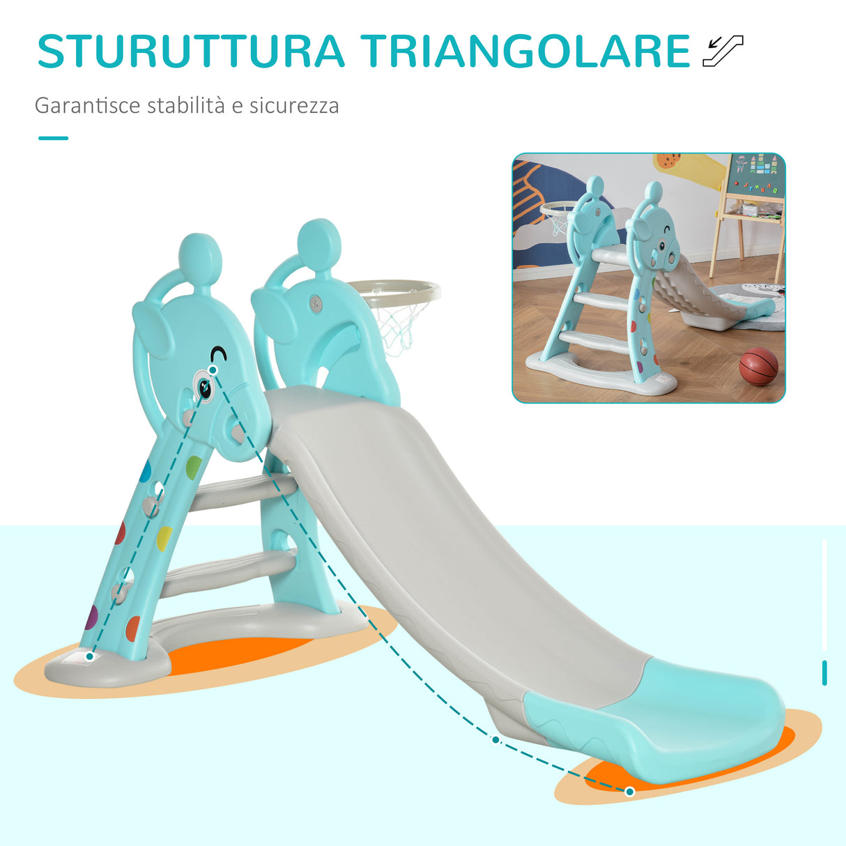 easycomfort easycomfort scivolo per bambini con canestro basket per interno ed esterno in pp e hdpe eta 2 4 anni 147x82x85 5cm grigio e blu