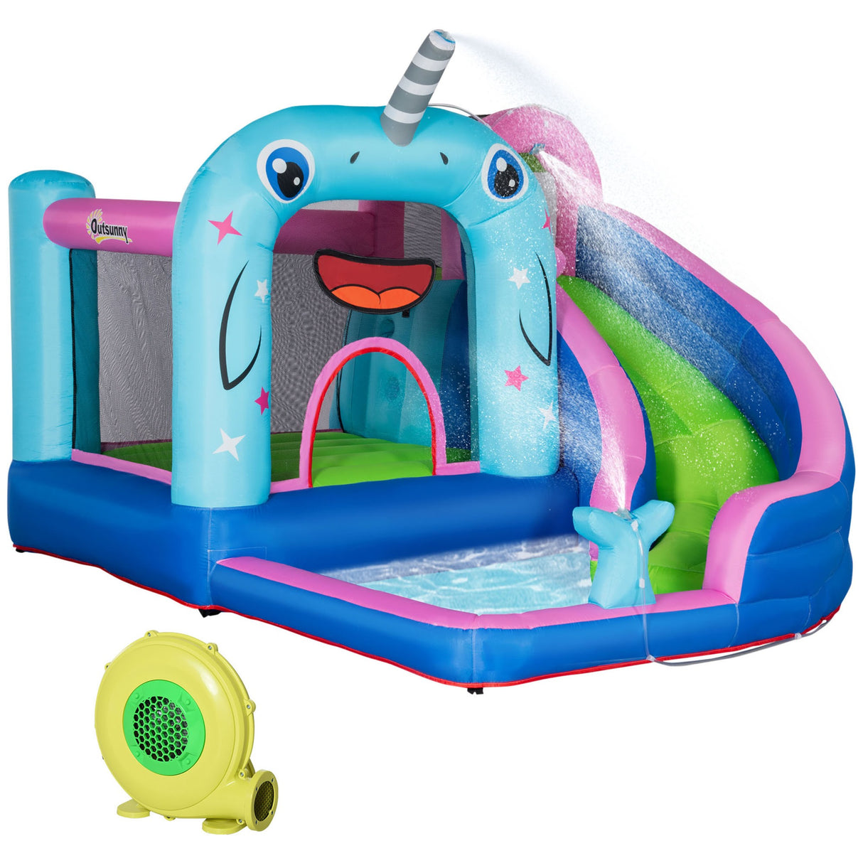 easycomfort gioco gonfiabile per bambini 3 8 anni a tema narvalo con borsa 11 paletti e toppe inclusi 330x280x200 cm