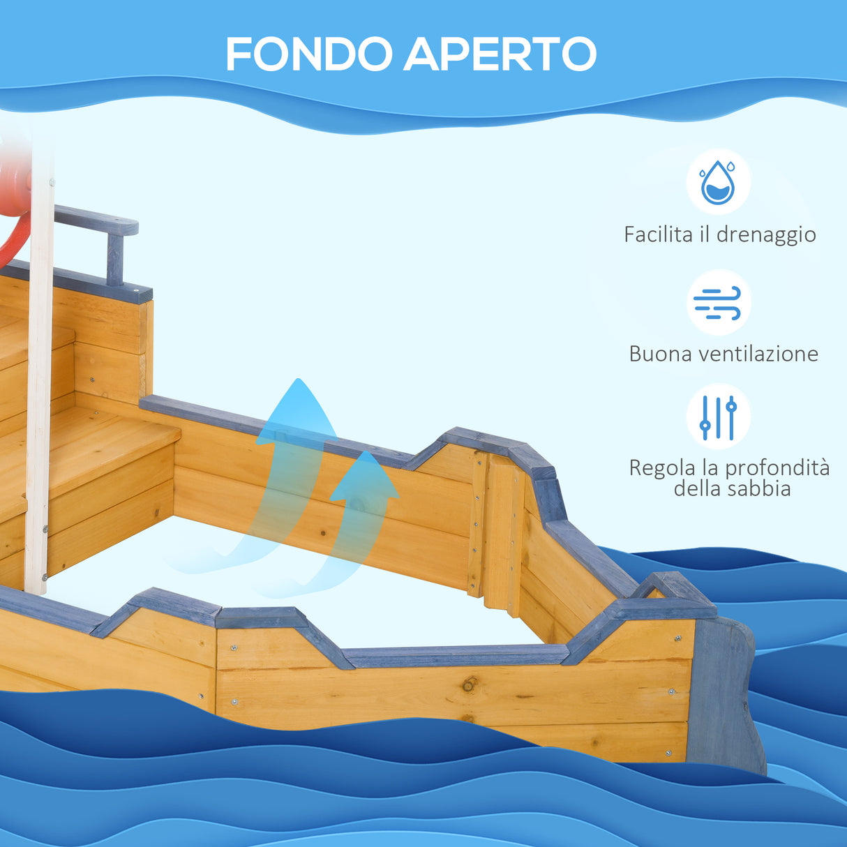 easycomfort easycomfort sabbiera per bambini in legno a forma di nave dei pirati con vano contenitore 158x78x45 5cm