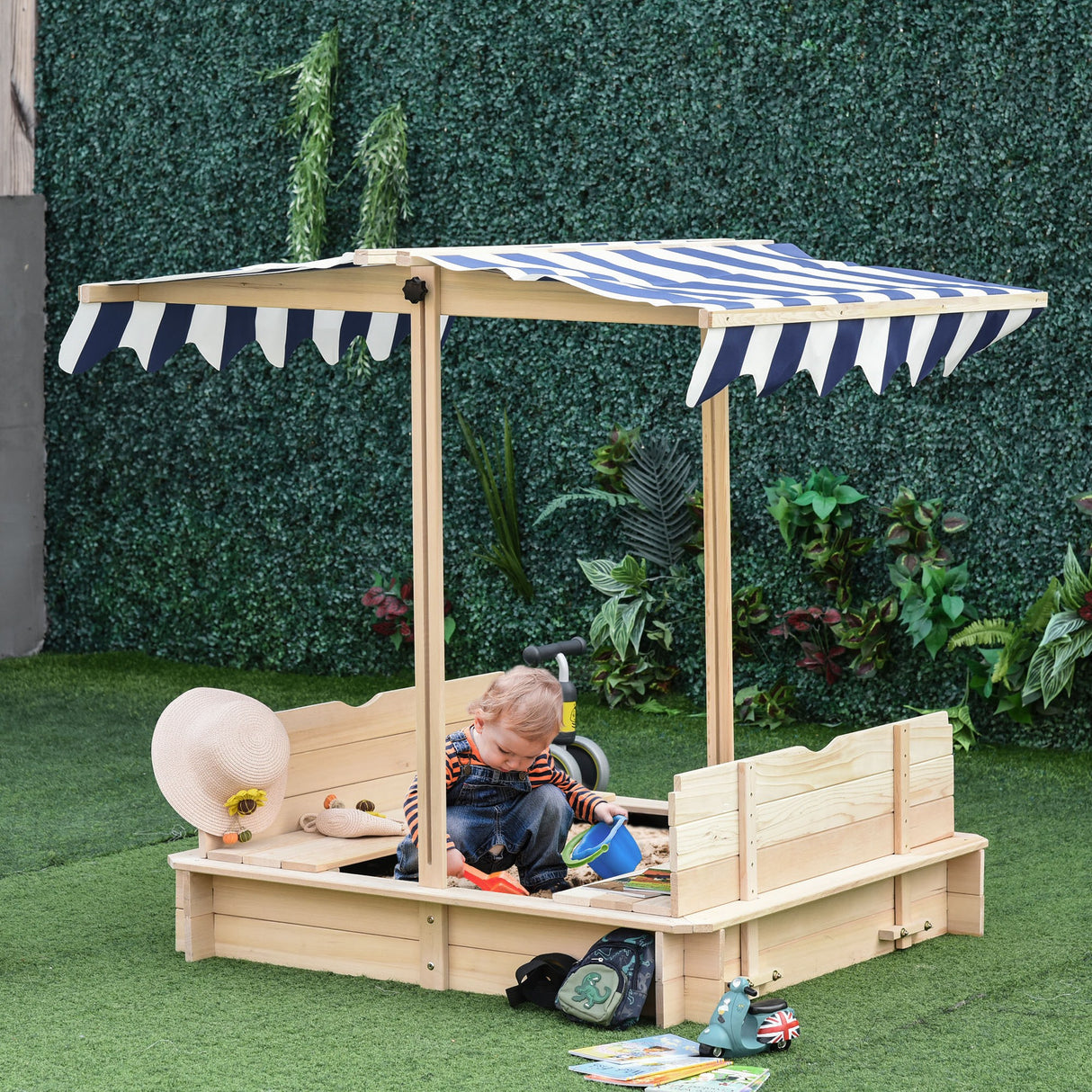 easycomfort easycomfort sabbiera per bambini in legno con tettuccio parasole panca e coperchio 106x106x121cm bianco e blu