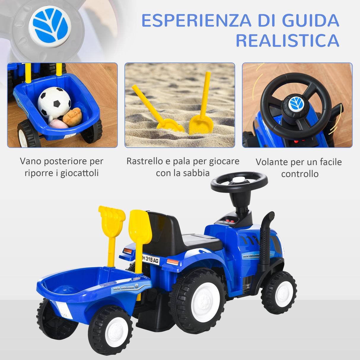 easycomfort easycomfort trattore per bambini cavalcabile con rimorchio rastrello e pala gioco educativo per bimbi 12 36 mesi 91x29x44cm blu