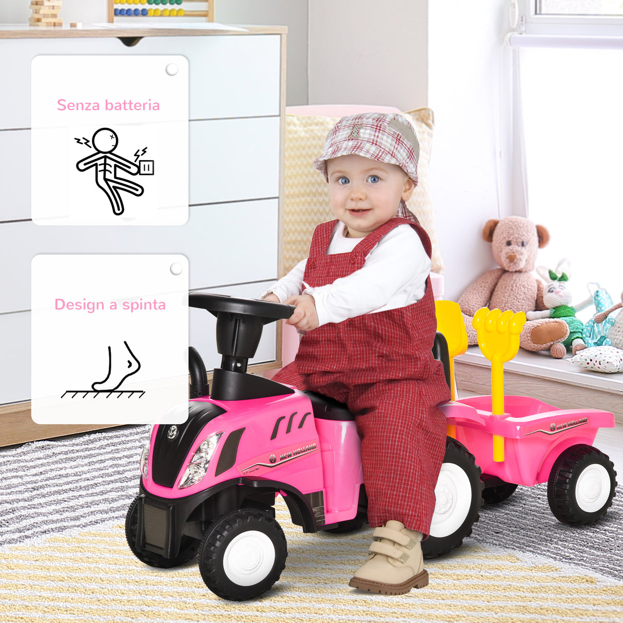 easycomfort easycomfort trattore per bambini cavalcabile con rimorchio rastrello e pala gioco educativo per bimbi 12 36 mesi 91x29x44cm rosa