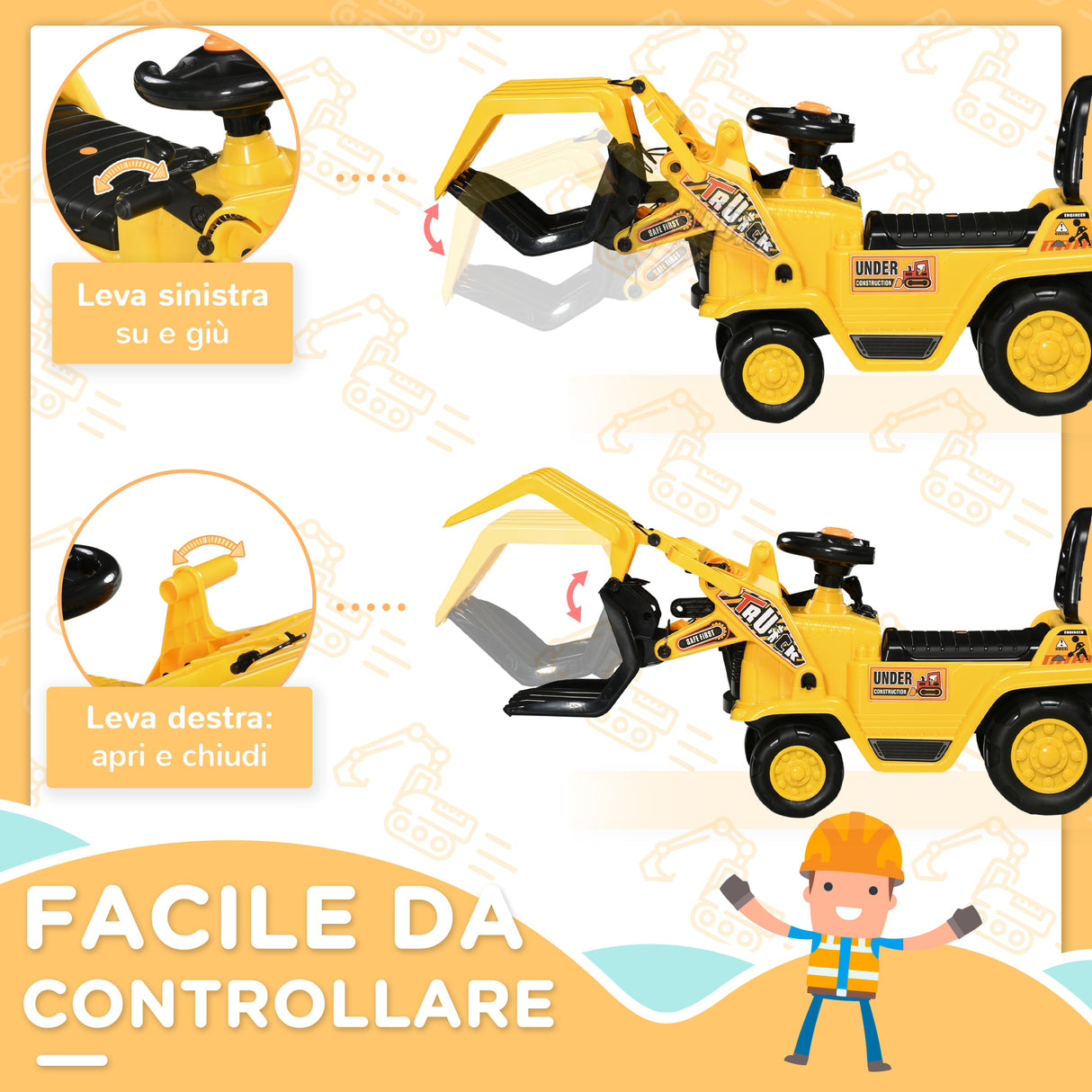 easycomfort easycomfort escavatore per bambini 3 4 anni con pinza pulsante per suoni e spazio portaoggetti 83x27x39 cm giallo e nero