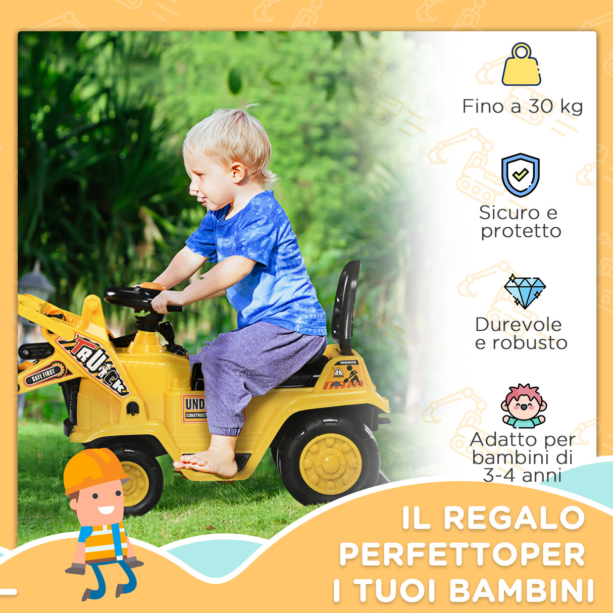 easycomfort easycomfort escavatore per bambini 3 4 anni con pinza pulsante per suoni e spazio portaoggetti 83x27x39 cm giallo e nero