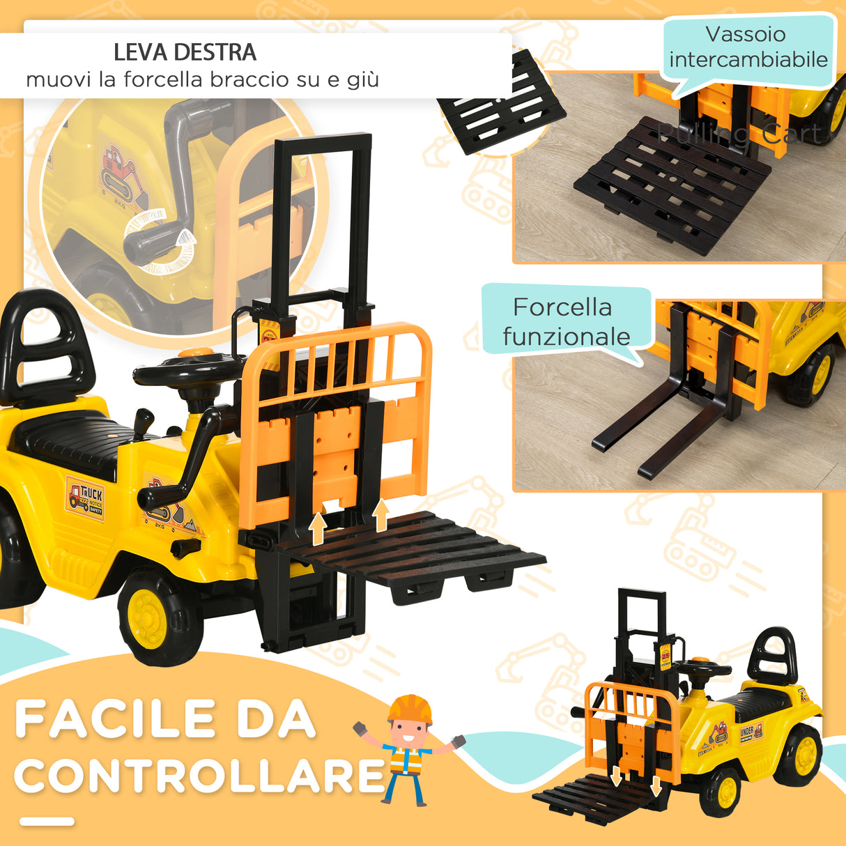easycomfort easycomfort trattore a pedali per bambini 3 4 anni con muletto e spazio portaoggetti 86x27 5x47 5 cm giallo e nero
