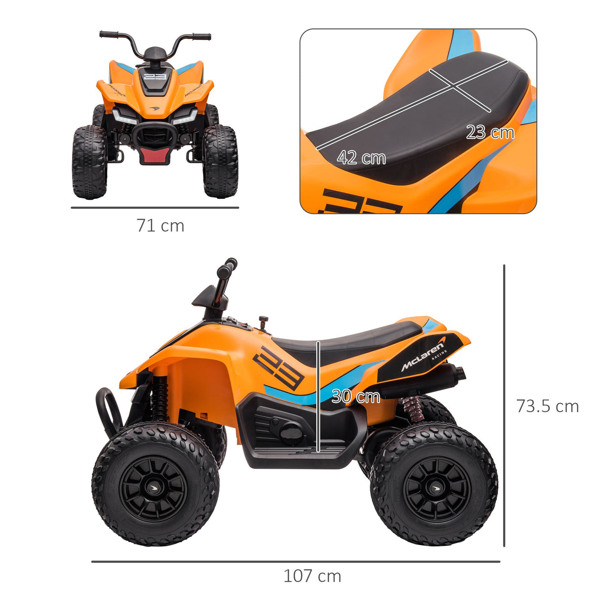 easycomfort easycomfort quad per bambini 3 8 anni con licenza mclaren e fari led 107x71x73 5 cm nero e arancione
