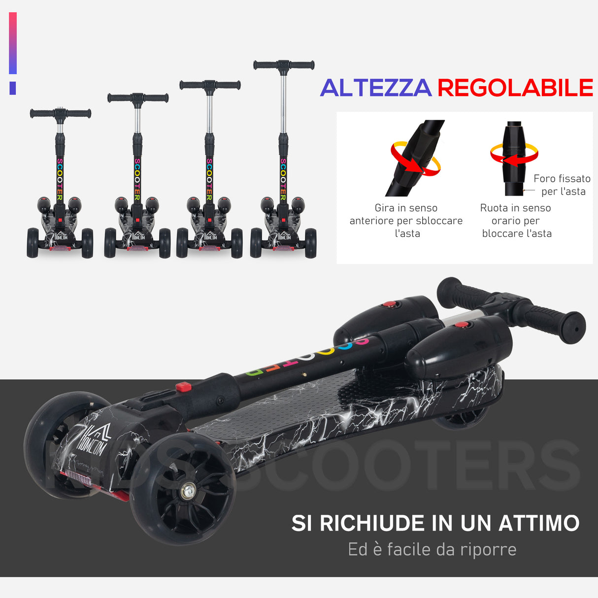 easycomfort easycomfort monopattino a 3 ruote per bambini piccoli 3 6 anni pieghevole regolabile con musica ruote luminose e razzi nero