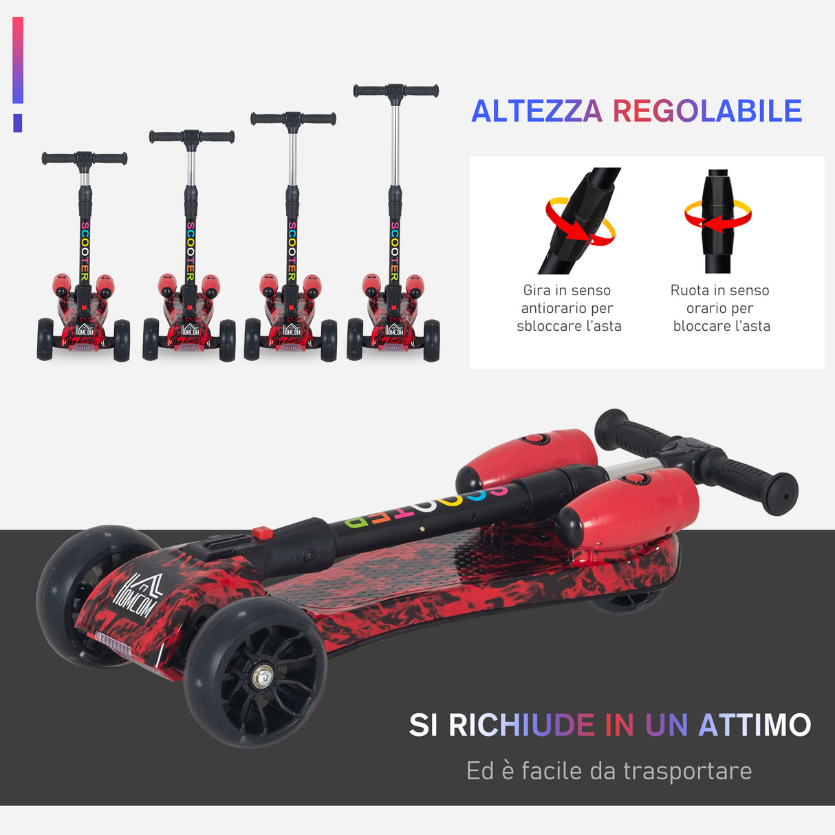 easycomfort easycomfort monopattino 3 ruote pieghevole altezza regolabile per bambini 3 8 anni rosso