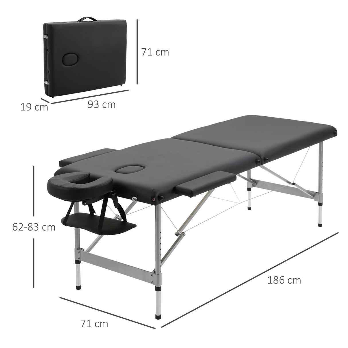 easycomfort lettino per massaggio portatile e pieghevole con altezza regolabile e seduta imbottita 186x71x62 83 cm nero