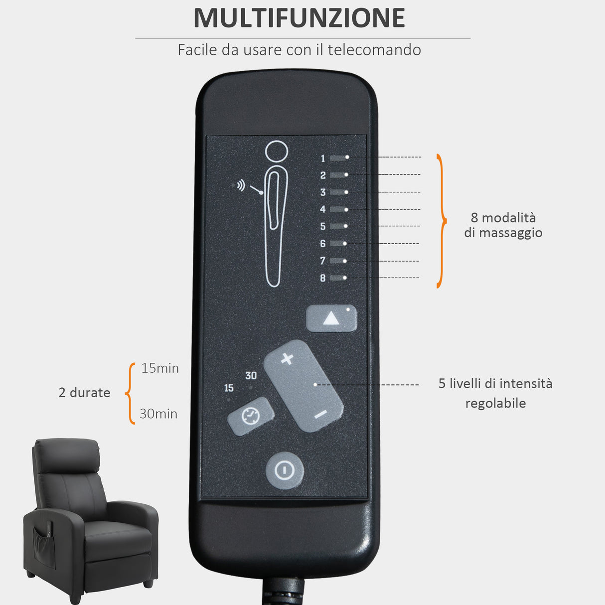 easycomfort easycomfort poltrona relax massaggiante con telecomando e 8 programmi reclinazione e poggiapiedi 68x88x98cm grigio