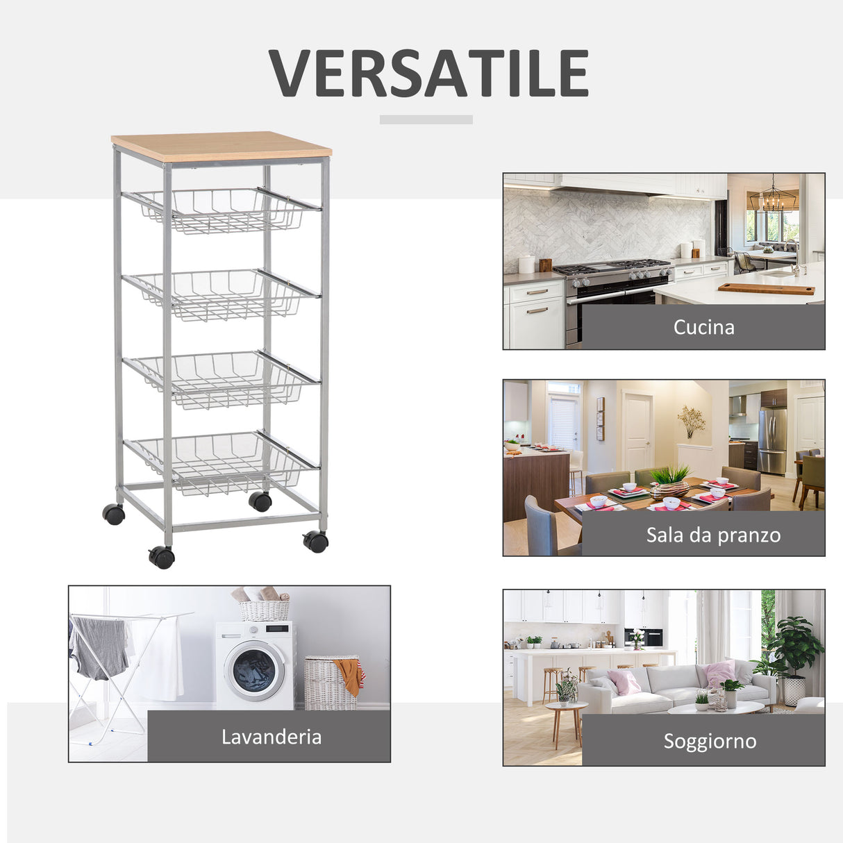 easycomfort easycomfort carrello cucina salvaspazio ruote 4 cesti acciaio legno 36 5 36 5 89cm ean 8054111841207