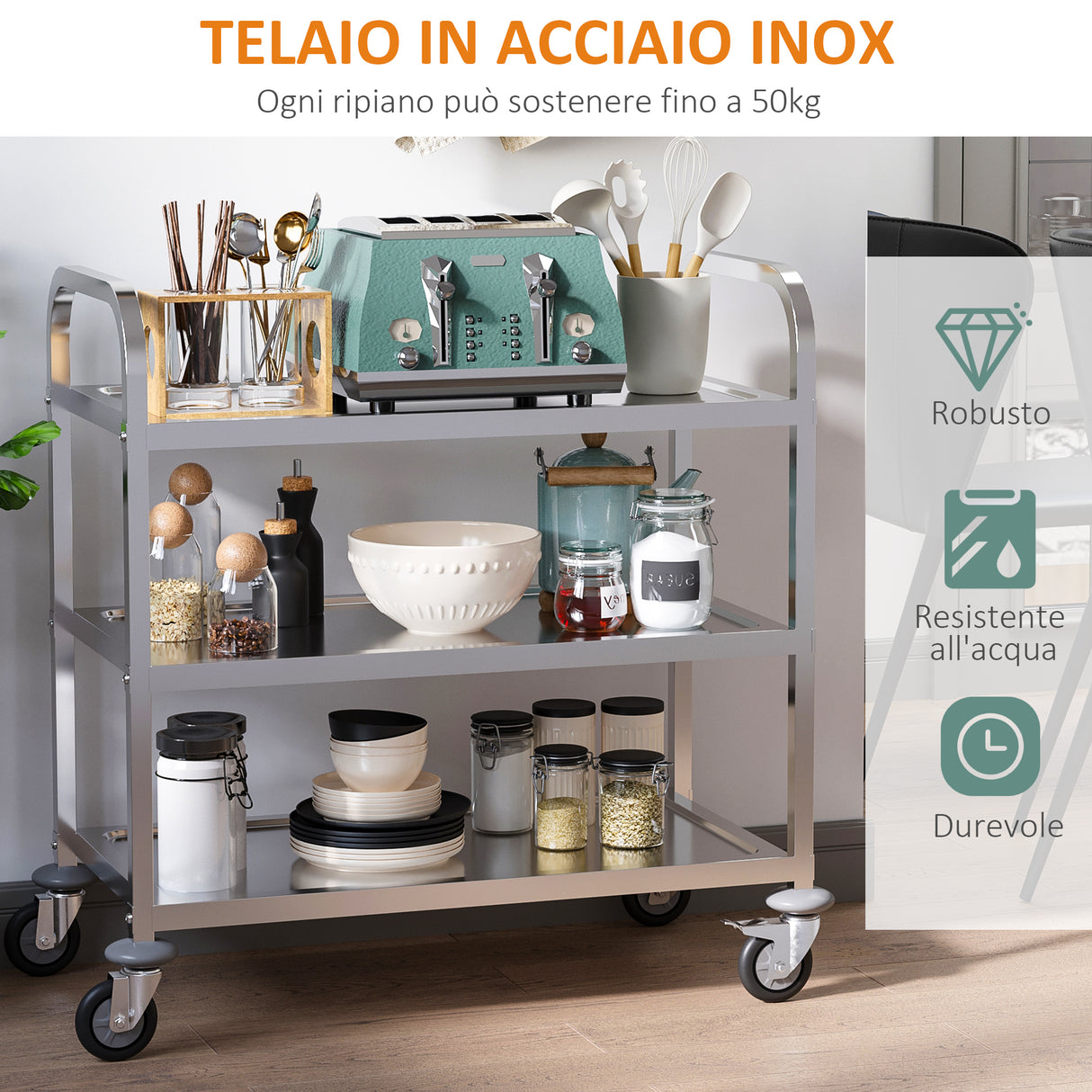 easycomfort easycomfort carrello da cucina 3 ripiani aperti 4 ruote omnidirezionali con 2 freni cuscinetti anti collisione in acciaio inossidabile 430 argento 85x45x90cm ean 8054144138558
