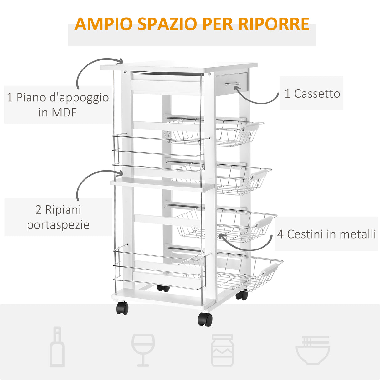 easycomfort easycomfort carrello da cucina salvaspazio in legno bianco portavivande con 1 piano di lavoro 1 cassetto e 4 cestelli metallici 47x37x83cm ean 8054111844918