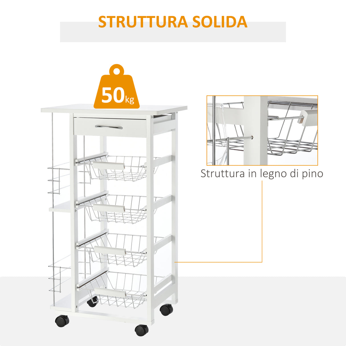 easycomfort easycomfort carrello da cucina salvaspazio in legno bianco portavivande con 1 piano di lavoro 1 cassetto e 4 cestelli metallici 47x37x83cm ean 8054111844918