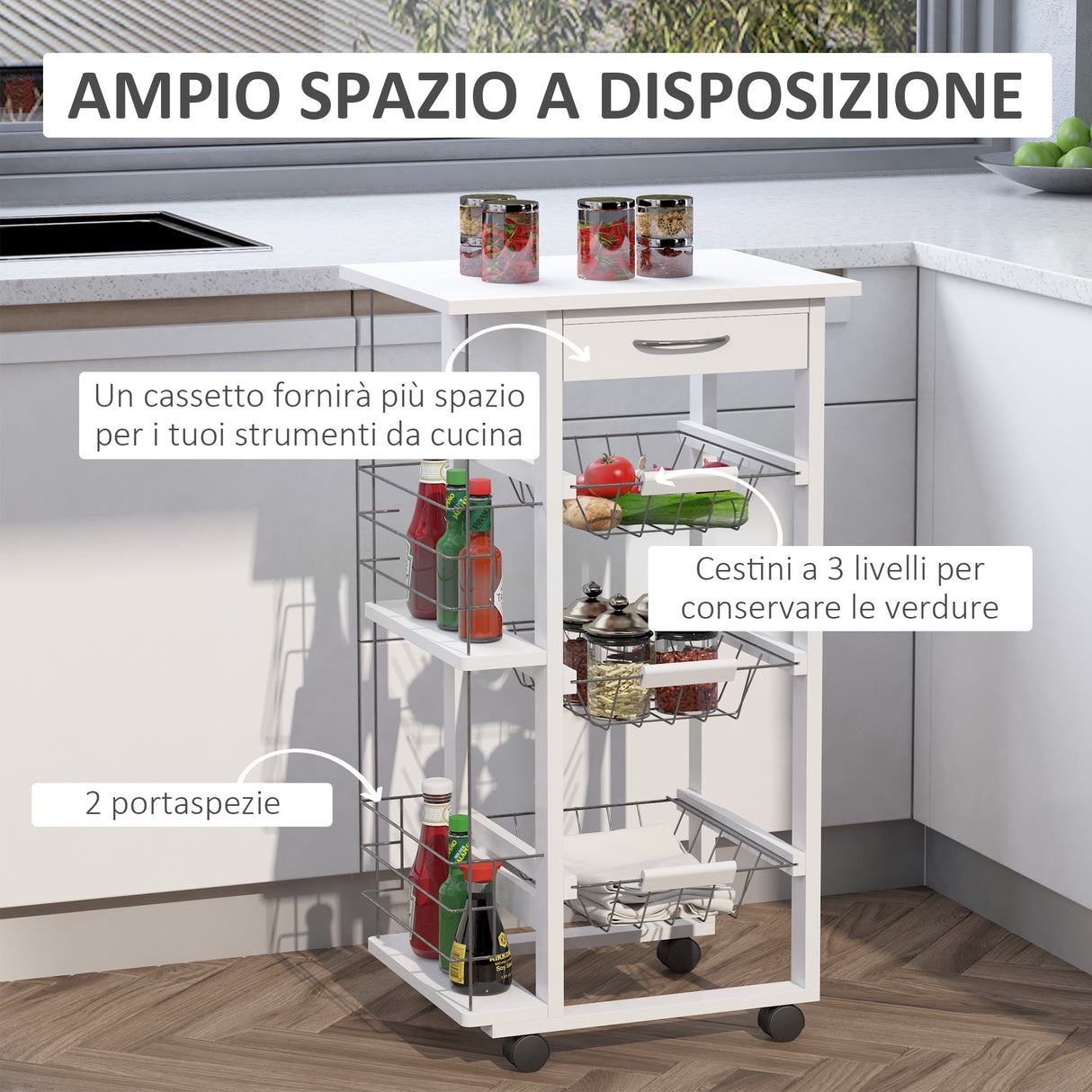 easycomfort easycomfort carrello isola da cucina salvaspazio in legno di pino carrello portavivande con 4 ruote cassetto 3 cesti estraibili portafrutta bianco ean 8054111845854