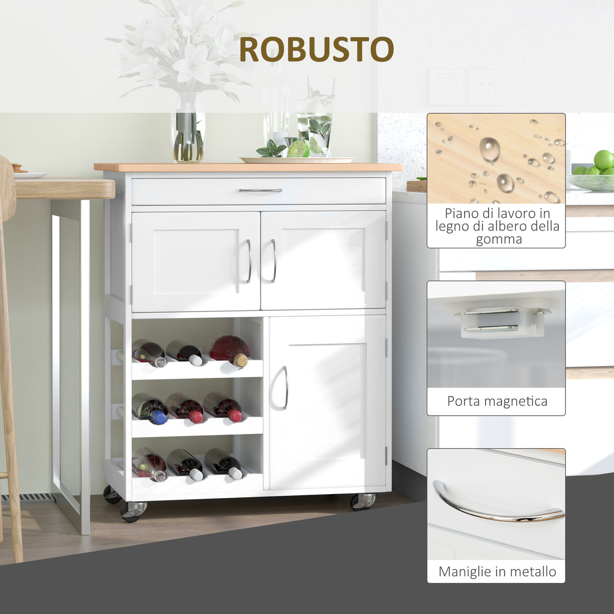 easycomfort easycomfort carrello portavivande carrellino per cucina in legno bianco con portabottiglie 1 cassetto e 3 antine 67x37x87cm