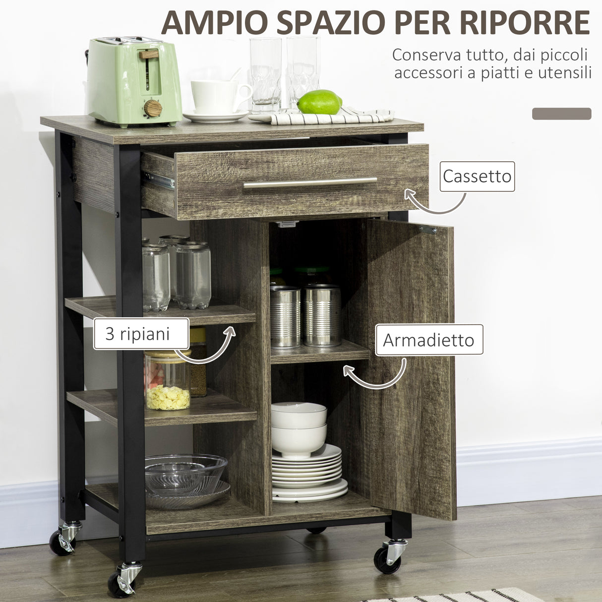 easycomfort easycomfort carrello da cucina portavivande con ruote legno truciolato 60x50x84 5cm marrone