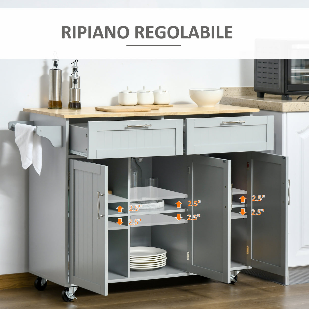 easycomfort easycomfort carrello da cucina multiuso in legno con 2 cassetti 3 antine e 4 ruote 121x46x91cm grigio