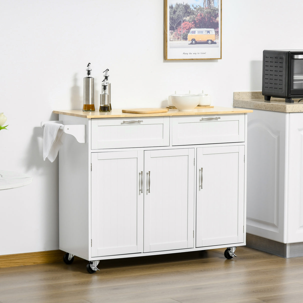 easycomfort easycomfort carrello da cucina multiuso in legno con 2 cassetti 3 antine e 4 ruote 121x46x91cm bianco
