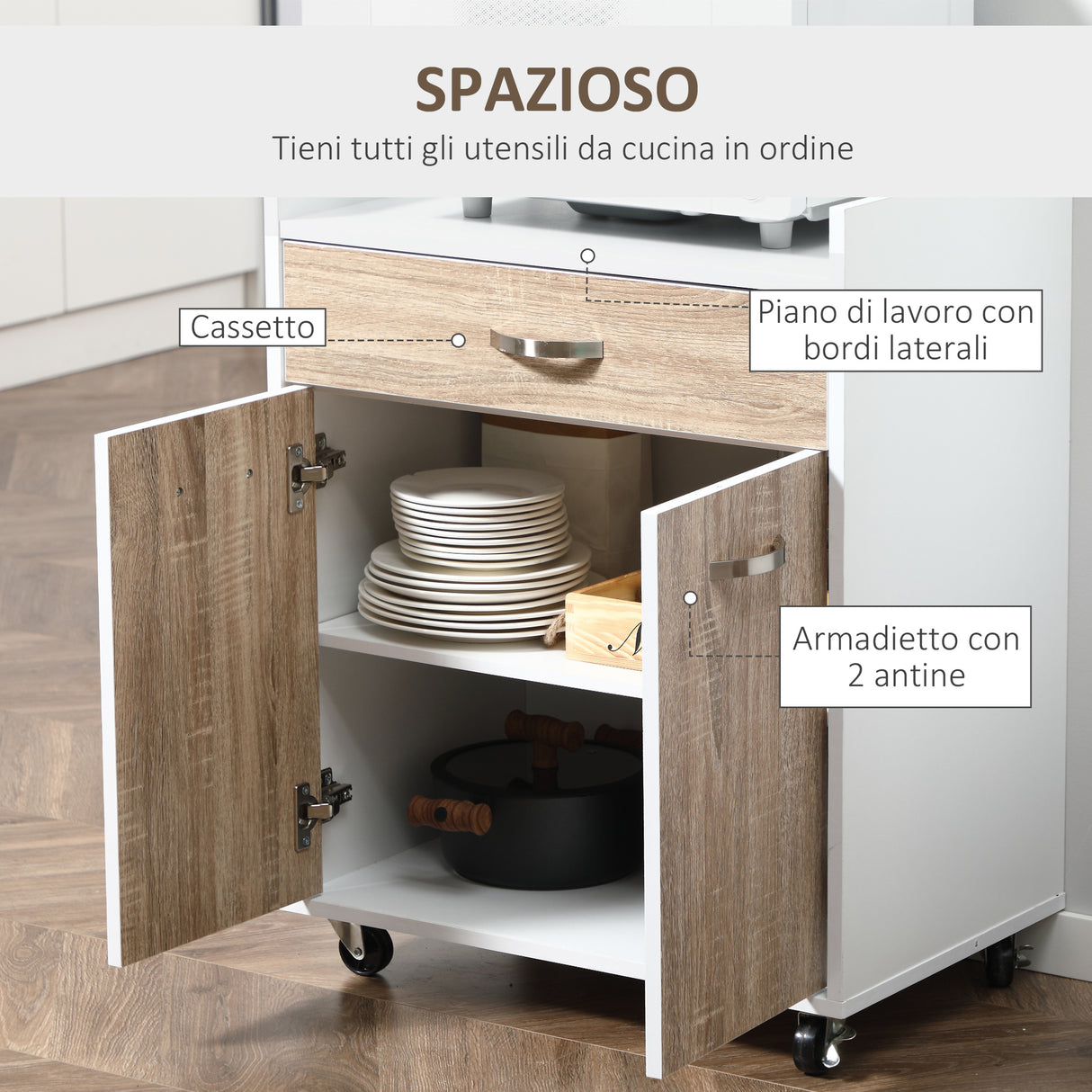 easycomfort easycomfort carrello da cucina portavivande per microonde con 4 ruote in legno 60x40x77cm rovere