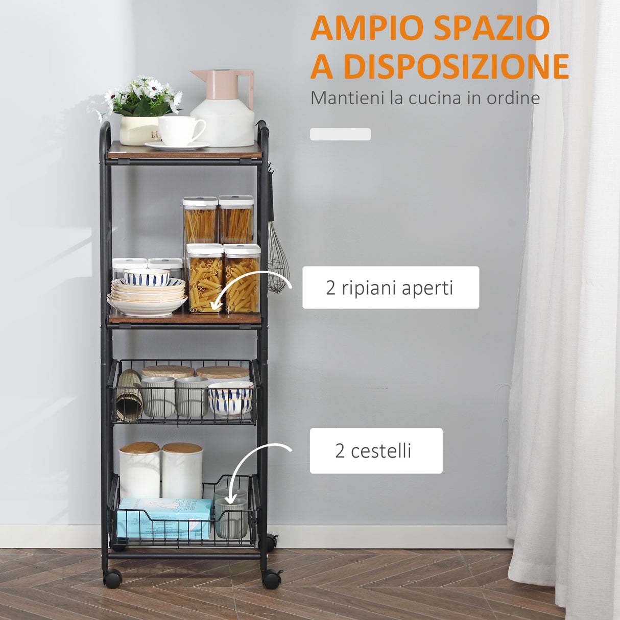 easycomfort easycomfort carrello da cucina con 2 cesti estraibili in metallo 2 ripiani in legno truciolato e ganci laterali 40x38x111cm