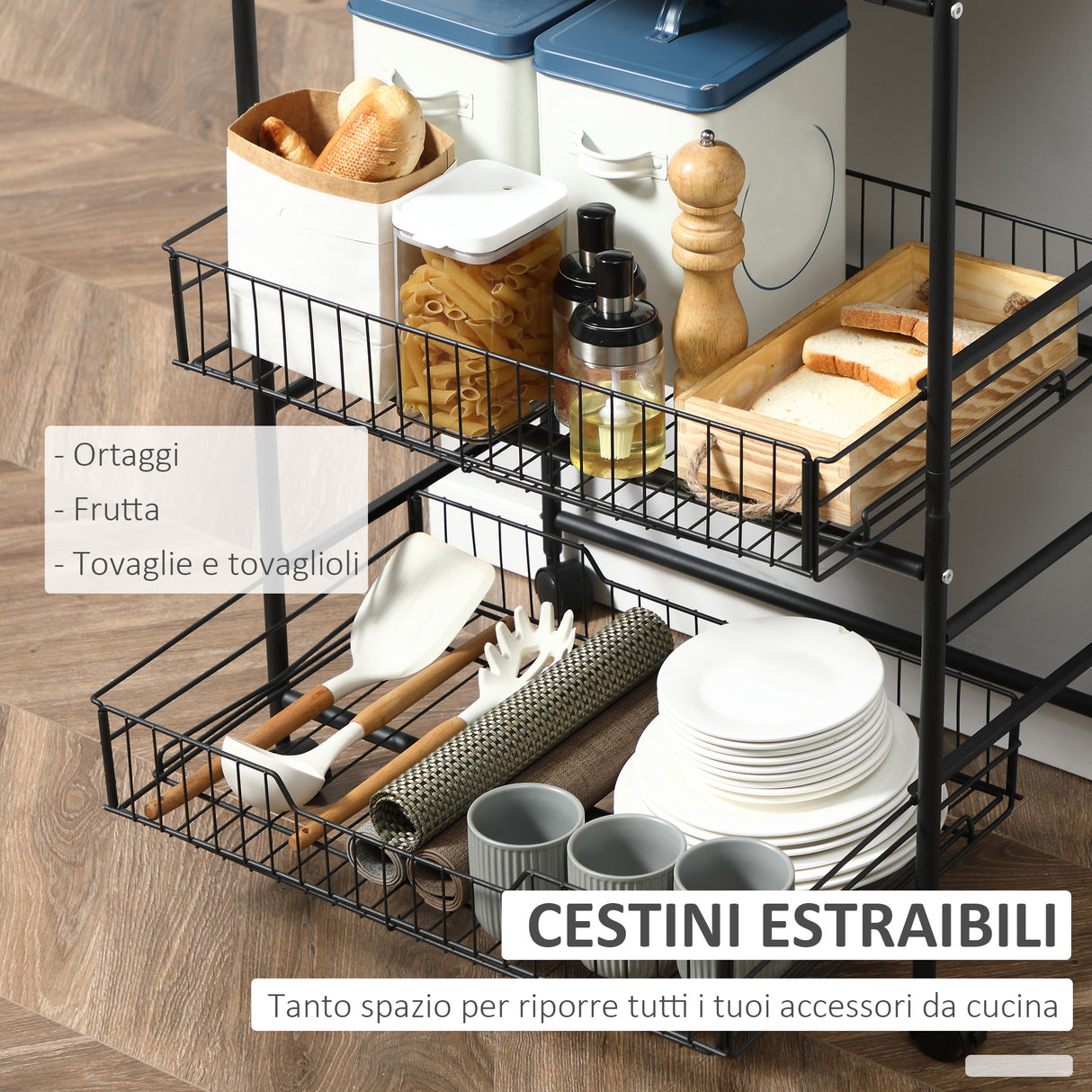 easycomfort easycomfort carrello da cucina portavivande stile industriale con 4 ruote 2 cestini e 4 ganci 60x38x85 5cm marronenero