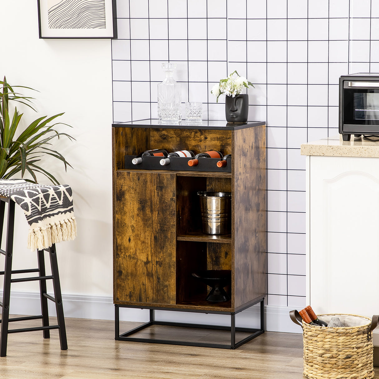 easycomfort easycomfort mobile multiuso con portabottiglie vani aperti e armadietto stile industriale 60x40x100cm marrone