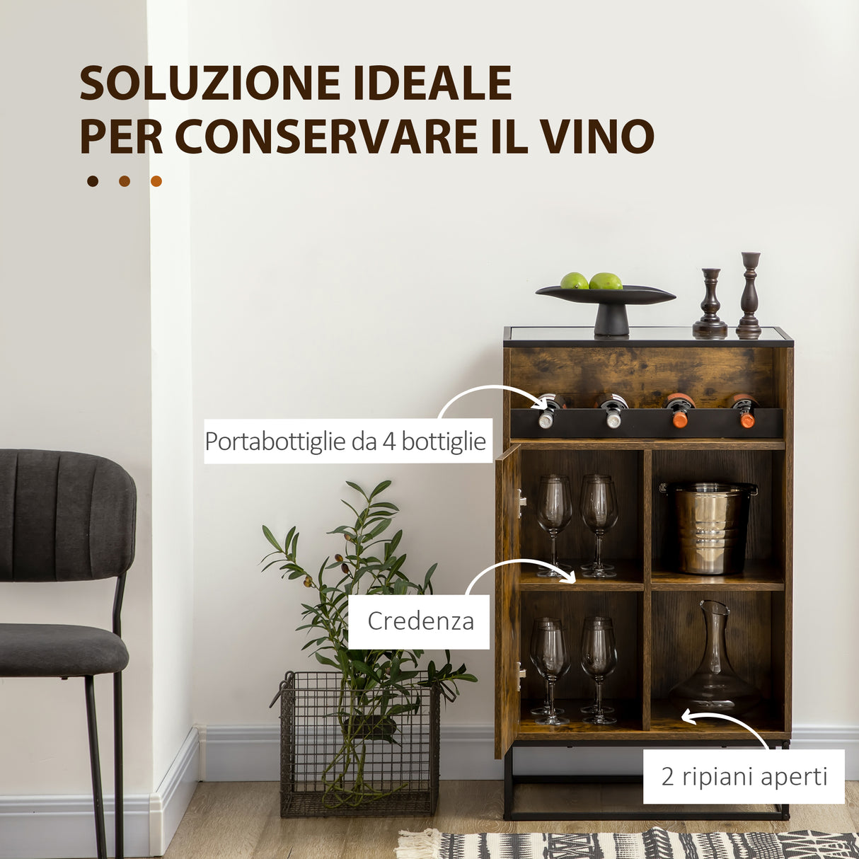 easycomfort easycomfort mobile multiuso con portabottiglie vani aperti e armadietto stile industriale 60x40x100cm marrone