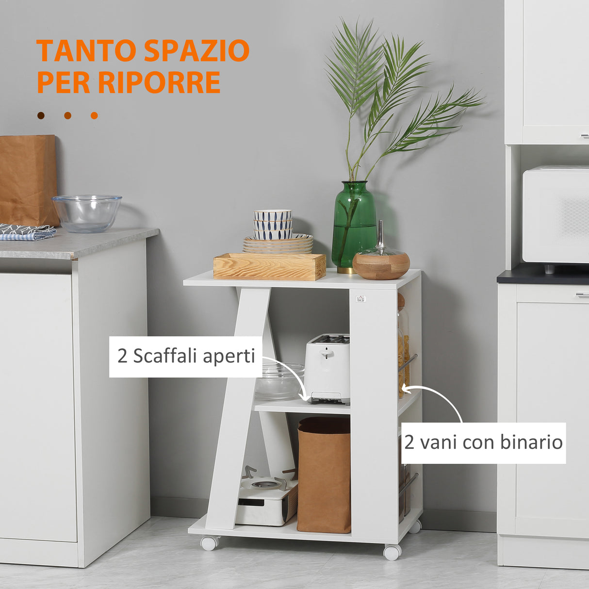 easycomfort easycomfort carrello da cucina portavivande in legno con 2 ripiani e ruote 60x38x77cm bianco