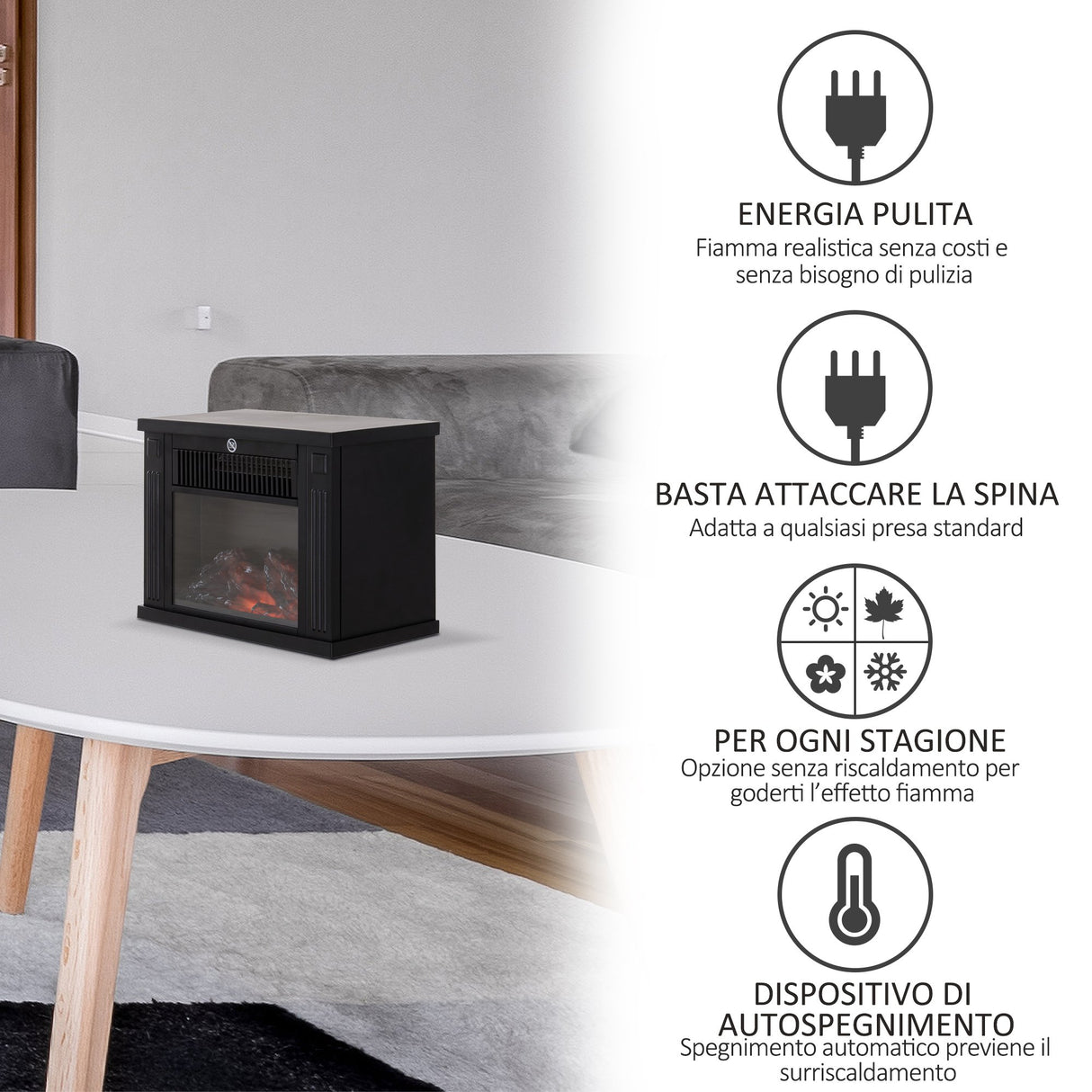 easycomfort easycomfort camino elettrico da terra potenza 600w 1200w in plastica e vetro temperato nero 34x17x25cm