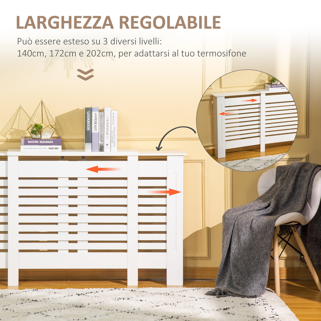 easycomfort mobile copricalorifero larghezza regolabile e mensola superiore in mdf e legno bianco