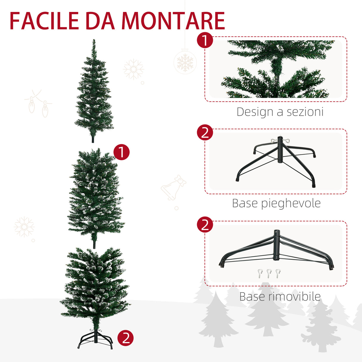 easycomfort easycomfort albero di natale innevato artificiale alto e stretto con 570 rami base rimovibile e pieghevole 53x190cm verde