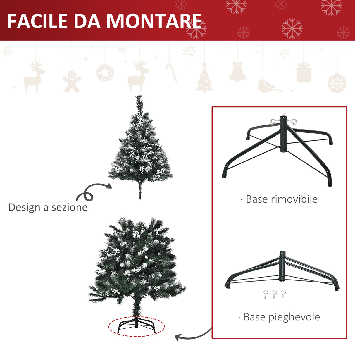 easycomfort easycomfort albero di natale innevato 150cm con bacche decorative bianche base rimovibile pieghevole 378 rami verde