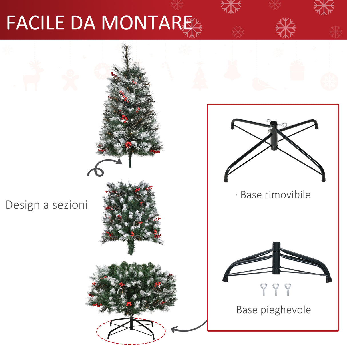 easycomfort easycomfort albero di natale innevato con bacche rosse da interni base rimovibile e pieghevole 539 rami 60x180cm verde