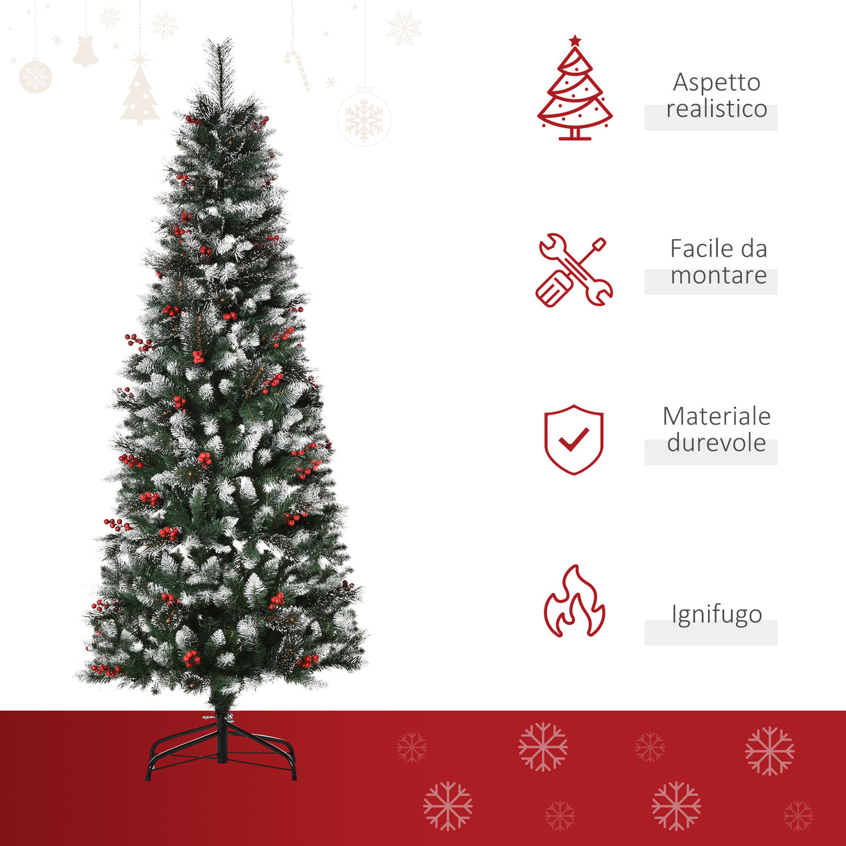 easycomfort easycomfort albero di natale innevato con bacche rosse da interni base rimovibile e pieghevole 539 rami 60x180cm verde