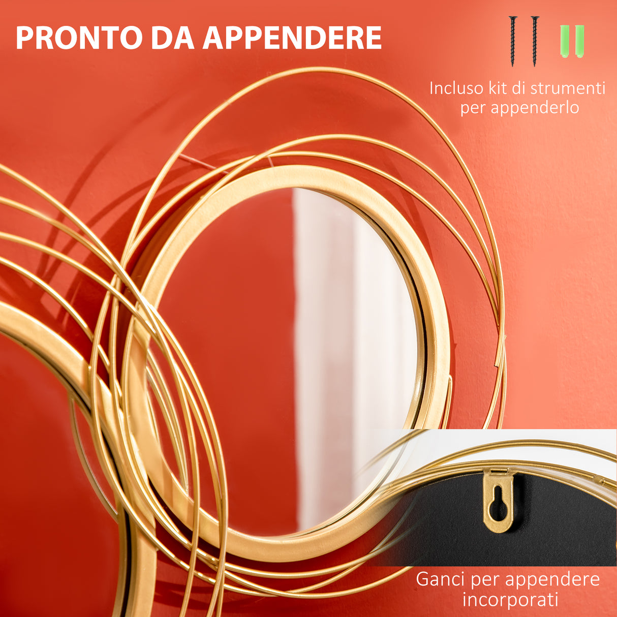 easycomfort easycomfort decorazione murale 3d in metallo wall art a cerchi con specchi 107x56cm oro