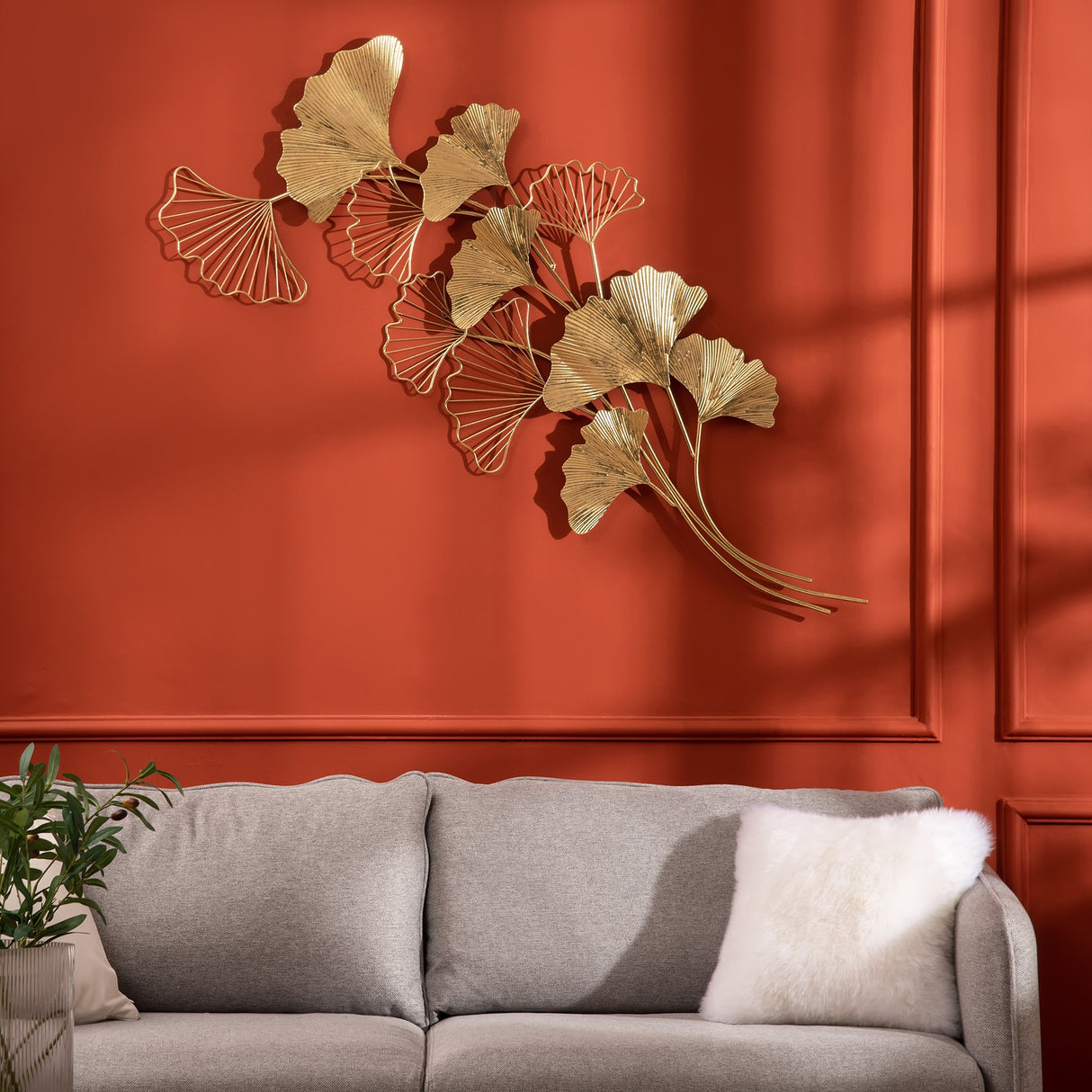 easycomfort easycomfort decorazione murale 3d in metallo wall art dorata con foglie di ginkgo 138x70cm