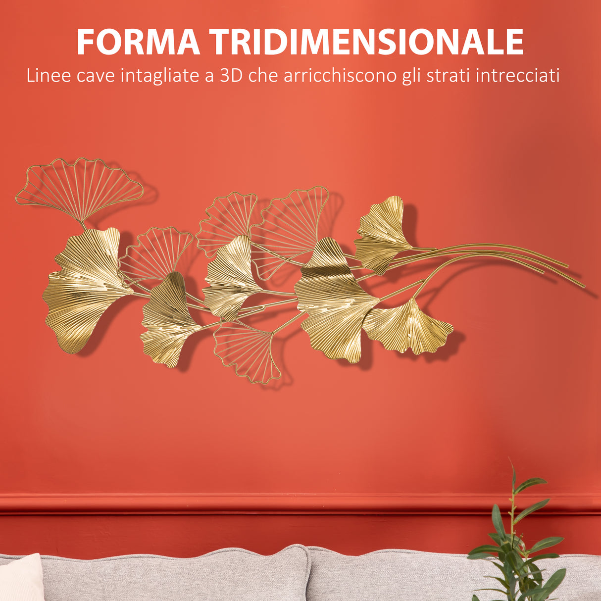 easycomfort easycomfort decorazione murale 3d in metallo wall art dorata con foglie di ginkgo 138x70cm