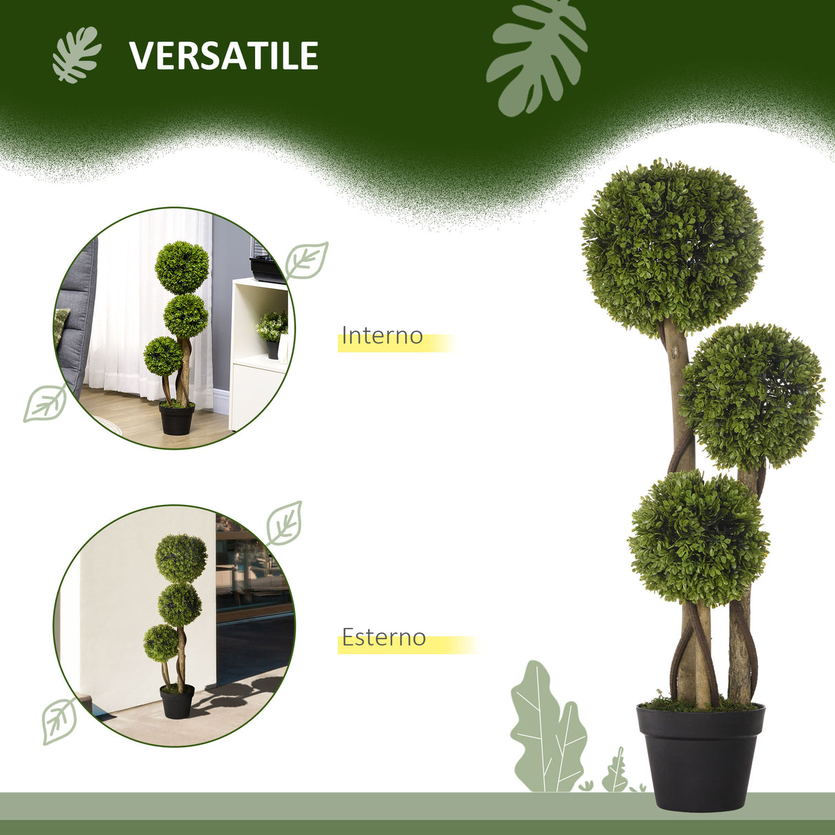 easycomfort pianta di bosso artificiale a 3 sfere con vaso incluso e fondo rinforzato altezza 90 cm