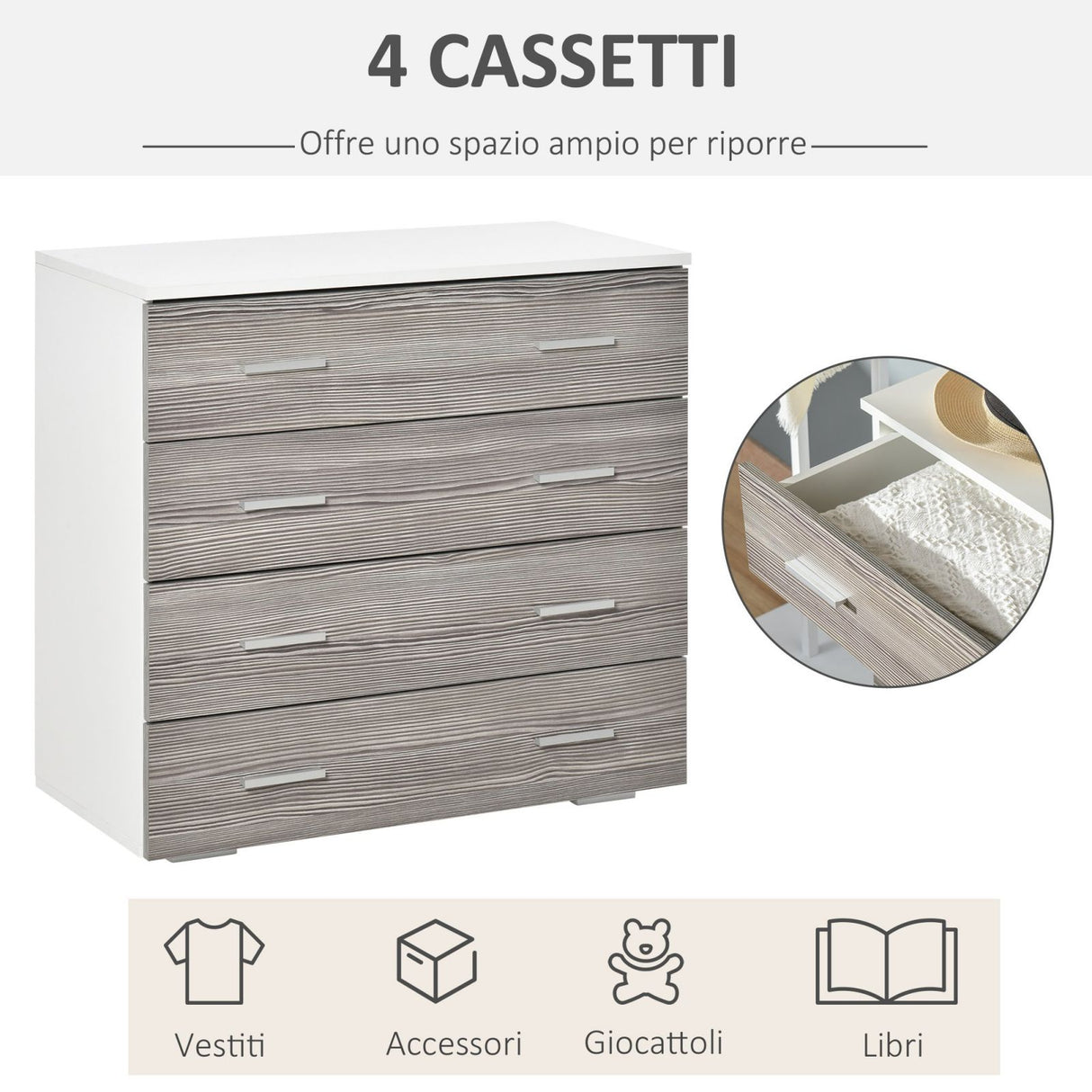 easycomfort easycomfort cassettiera camera da letto moderna 4 cassetti con maniglie in alluminio e struttura in legno 76x35x72cm bianco e grigio