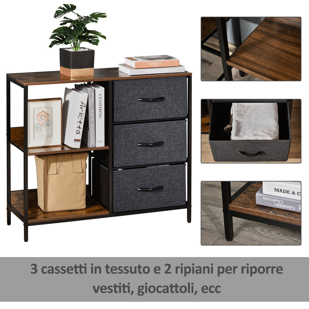 easycomfort easycomfort mobile cassettiera multiuso con cassetti in tessuto 80x29x71cm marronegrigio scuro